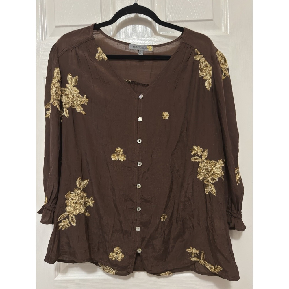 Figueroa & Flower Women‎ Top L Boho Dark Brown Embroidered Flowers Anthropologie